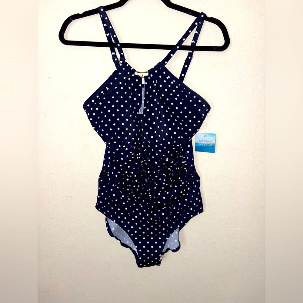 Ruby Ribbon Size 10 Navy Polka Dot One-Piece Swimsuit Style # 1971